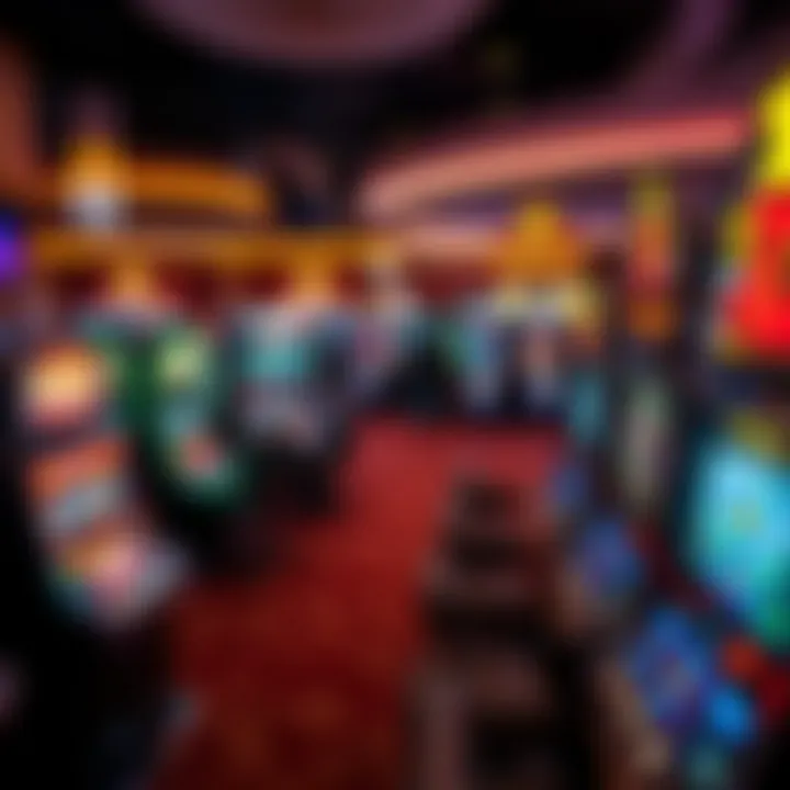 Overview of a Bustling Casino Floor An overview of a busy casino floor filled with various slot machines