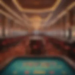 A vibrant casino floor with various gaming tables and slot machines.