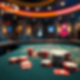 A virtual blackjack table setting showcasing chips and cards.