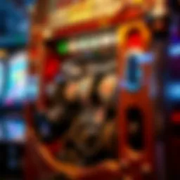 An intricate view of a vintage coin slot machine showcasing its mechanical components.