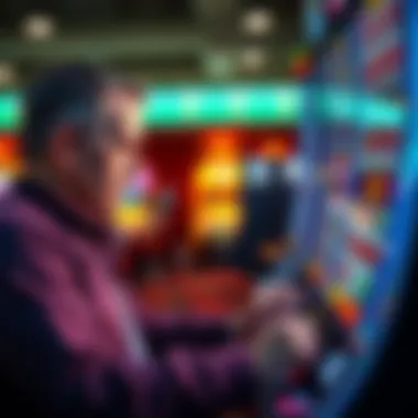 Strategic Gameplay in Action A player engaged in strategizing gameplay at a nine line slot machine in a casino environment.