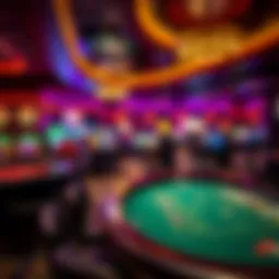 A vibrant depiction of a traditional casino floor with various gaming tables.