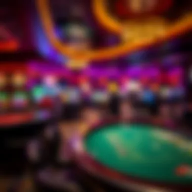 A vibrant depiction of a traditional casino floor with various gaming tables.