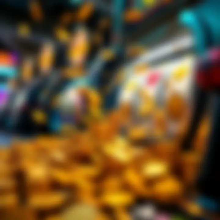 Wealth and Excitement in Golden Slots A close-up of golden coins spilling from a slot machine, symbolizing wealth and excitement.