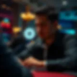 Strategic Contemplation in Poker A focused player contemplating their next move in a poker game setting.