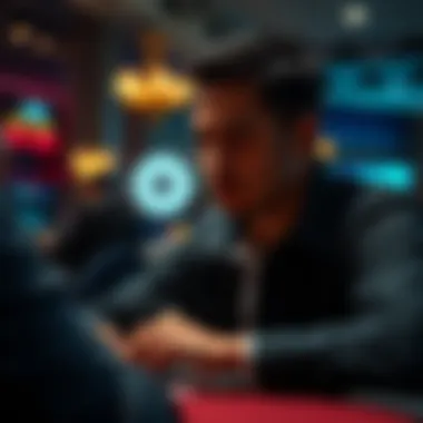 Strategic Contemplation in Poker A focused player contemplating their next move in a poker game setting.