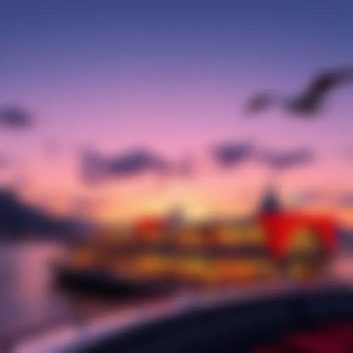 A scenic view of a boat casino against a sunset backdrop