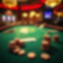 A detailed view of a blackjack table setup with cards and chips