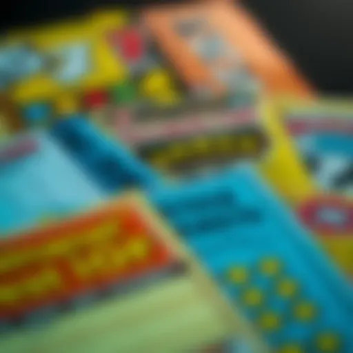 Diverse Scratch-Off Ticket Designs A close-up view of various scratch-off tickets showcasing different designs and colors.
