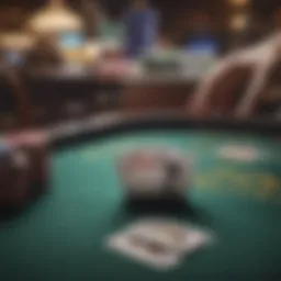 A vibrant blackjack table displaying chips and cards during a game.